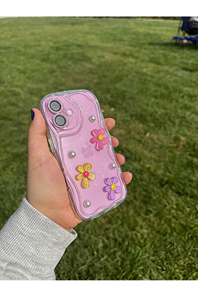 MustCase Iphone 16 Plus Kılıf Dalga Kenarlı Darbeye Karşı Dayanıklı İncili Çiçek Tasarımlı Şeffaf Kılıf