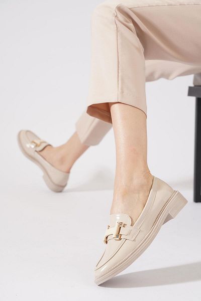 Moda Pie Sures H Buckle Women's Ballerina Beige Patent Leather