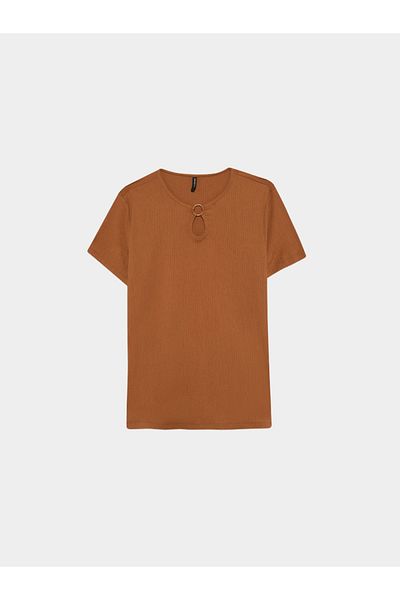 DeFacto Women Brown Knitted Crew Neck Short Sleeve T-Shirt
