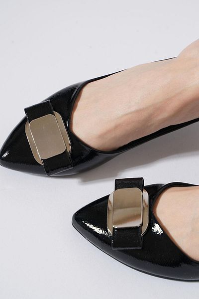 Moda Pie Polteh Metal Buckle Women's Ballerinas Black Wrinkled