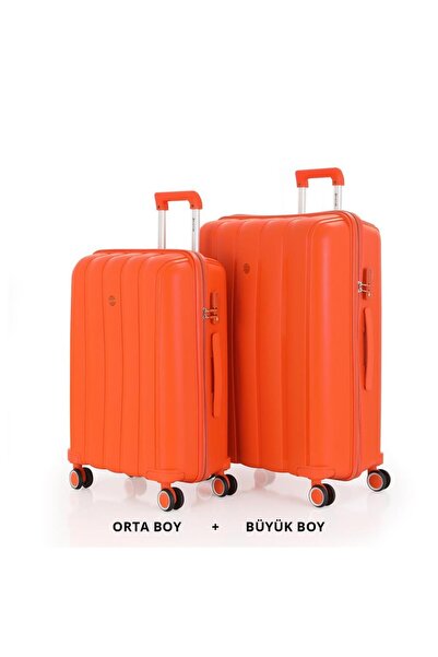 MÇS Bavul Büyük ve Orta 2li Set Kırılmaz Silikon Valiz V305 Portakal