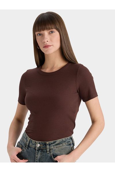 DeFacto Women Brown Ribbed Short Sleeve TShirt