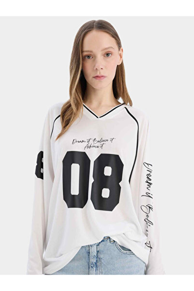 DeFacto Women Long Sleeve V-Neck Printed T-Shirt Off White