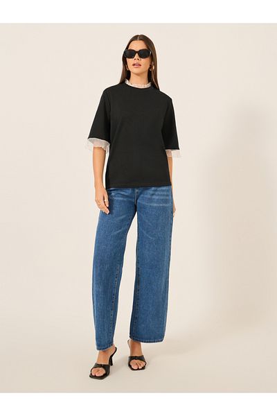 Styli Ribbed Lace Detail Elbow Sleeve Relaxed Fit T-Shirt