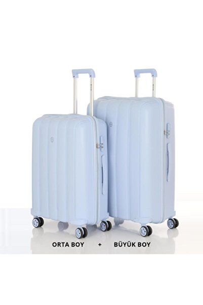 MÇS Bavul Büyük ve Orta 2li Set Kırılmaz Silikon Valiz V305 BebeMavi