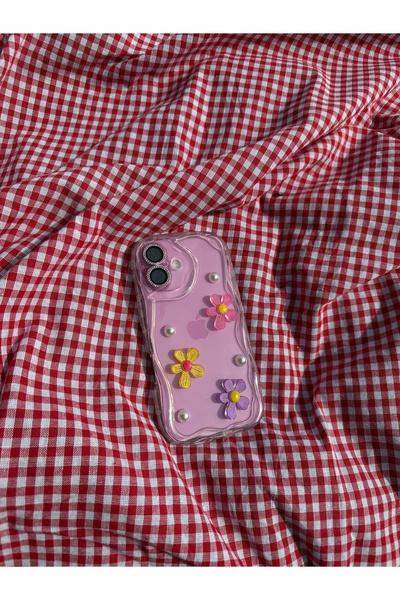 MustCase Iphone 16 Plus Kılıf Dalga Kenarlı Darbeye Karşı Dayanıklı İncili Çiçek Tasarımlı Şeffaf Kılıf