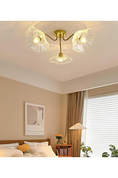 burenze Luxury Modern Exclusive Tasarım Şeffaf Renk Kristal Camlı Flower Çiçek Üçlü Avize Eskitme Gold Sarı