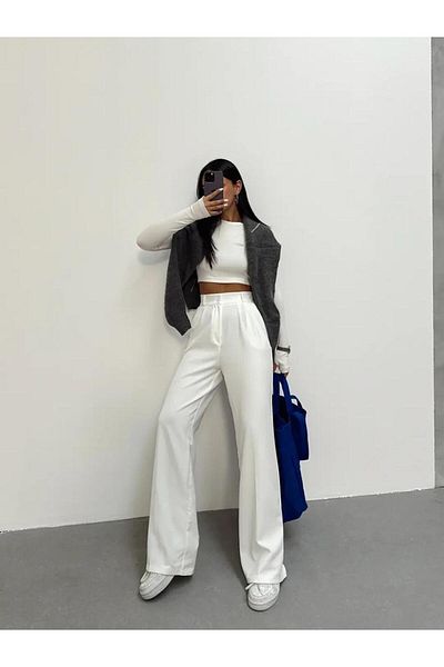 LU-MİLA Women's Elastic Waist Polyviscon Palazzo Trousers