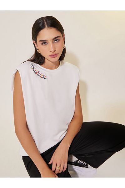 Styli Embroidered Round Neck Sleeveless T-Shirt