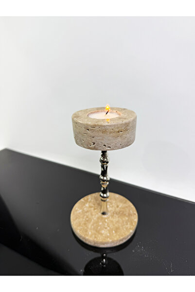 Modestmar Traverten Mumluk, Traverten Şamdan, Traverten Gümüş Detaylı Şamdan