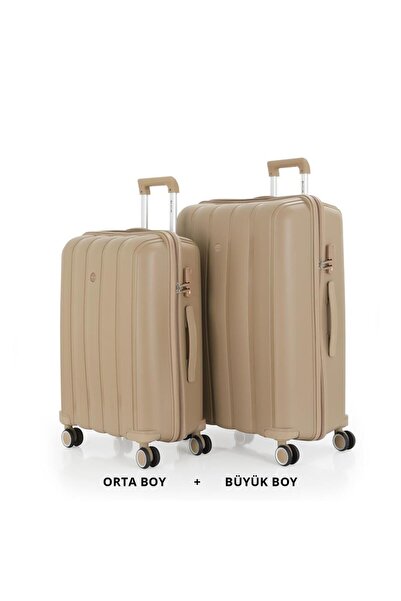 MÇS Bavul Büyük ve Orta 2li Set Kırılmaz Silikon Valiz V305 Şampanya
