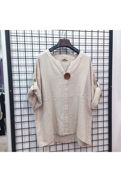 Butik Şans Wooden Button Detailed Cotton Blouse Trousers Set