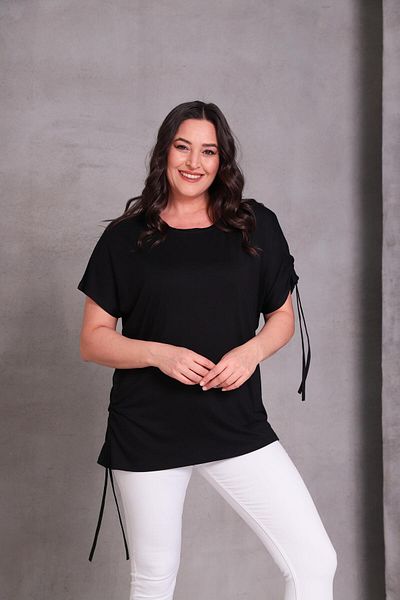 Ebsumu Women's Large Size Rope Tie Black T-Shirt