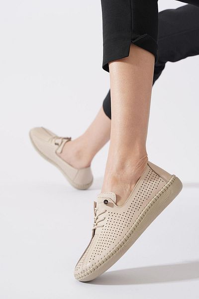 Moda Pie Fernas Bat Laser Genuine Leather Women's Shoes Beige Skin