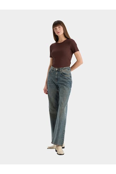DeFacto Women Brown Ribbed Short Sleeve TShirt