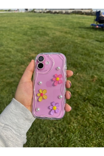 MustCase Iphone 16 Plus Kılıf Dalga Kenarlı Darbeye Karşı Dayanıklı İncili Çiçek Tasarımlı Şeffaf Kılıf