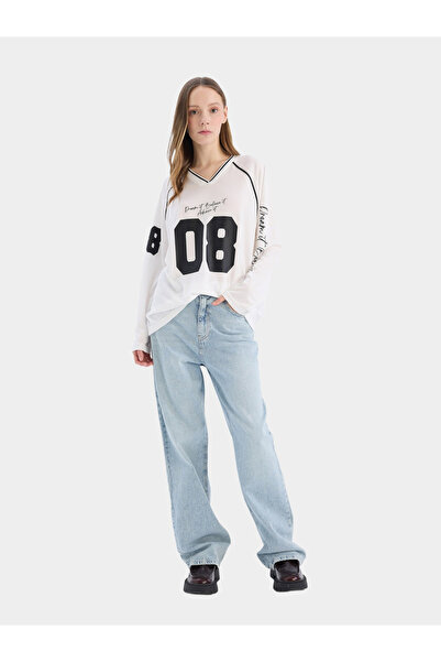 DeFacto Women Long Sleeve V-Neck Printed T-Shirt Off White