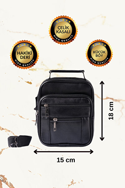 derius Boss Çelik Kasalı Küçük Boy Siyah Erkek El ve Omuz Çantası (Hakiki Deri)