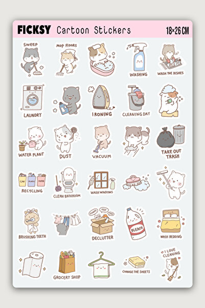 Ficksy Kawaii Sevimli Kedi Sticker Seti - Ev Işleri Ve Temizlik Temalı 30 Ade...