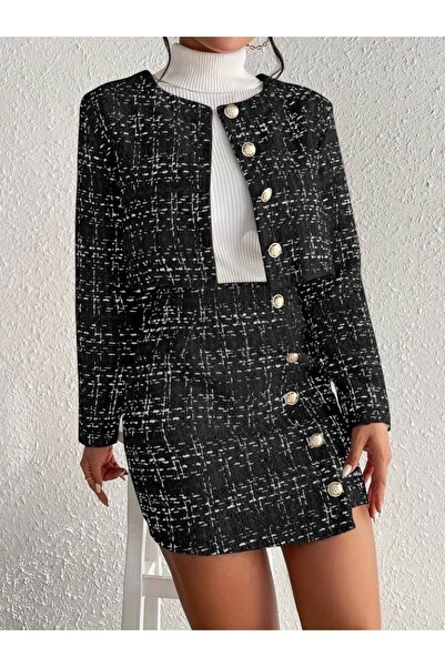 moda wanilia Women's Long Sleeve Front Buttoned Chanel Fabric Jacket and Skirt Set