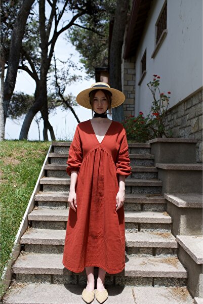 Tfifty Pamuklu Bohem V Yakalı Uzun Kollu Uzun Elbise