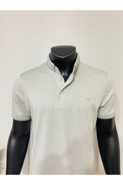 Sadık Collection Men's Large Size Polo Collar Buttoned Pocketless Sleeves Ribbed Mercerized Fabric Gray Color T-Shirt 1000