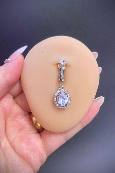 Blisse Piercing Silver Color Large Zircon Stone Dangle Holeless Steel Belly Piercing