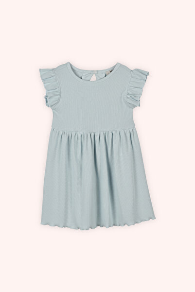 Panço Kız Bebek Damla Düğmeli Belden Büzgülü Kaşkorse Mavi Elbise