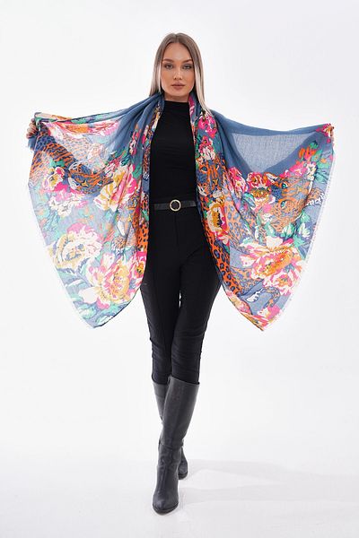 bacc Indigo Blue Floral Patterned Shawl Bcnsv-2515220