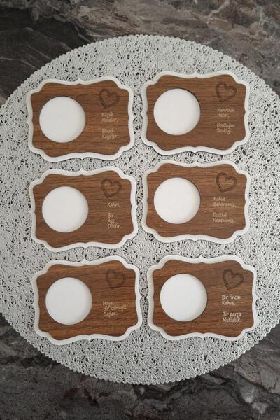 Kutaydan 6-Piece Premium Wood Laser-Cut Coasters and Coffee Mats - White-Walnut