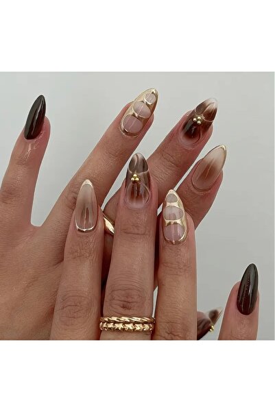 PİRAYE AKSESUAR 24'lü Kahverengi Çiçek ve Altın Rengi Şerit Baskılı Uzun Bade...