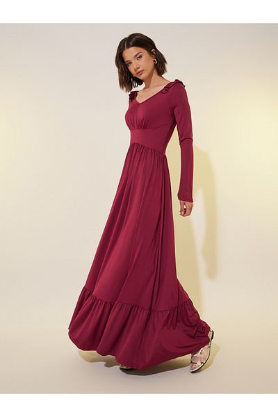 Styli Solid V Neck Ruffle Trim A-Line Maxi Dress