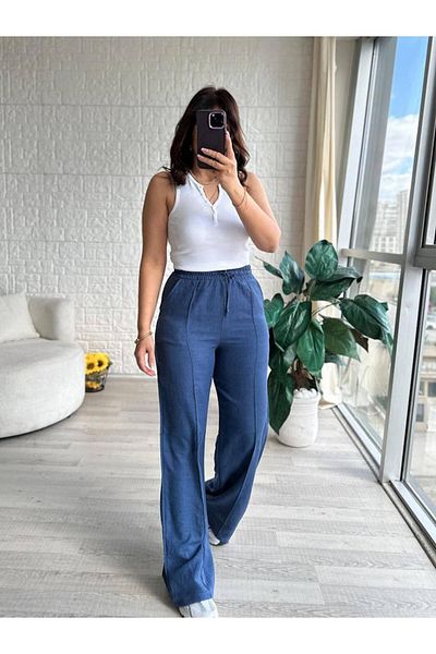 SOSYETE AVM Women's Indigo Linen Ayrobin Fabric High Waist Loose Wide Leg Palazzo Trousers