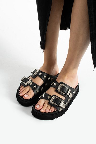 walviss Manco Genuine Leather Double Buckle Black Slippers