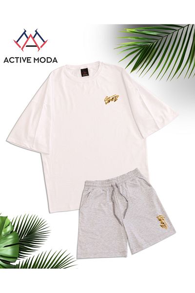ACTIVE MODA - طقم تي شيرت وشورت رجالي بأكمام قصيرة DWTS7 مقاس كبير 2 قطعة مقاس كبير