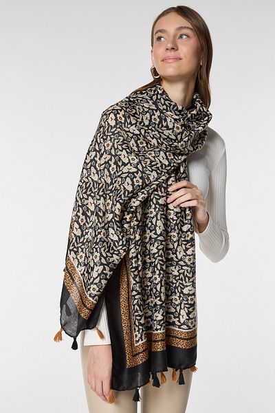 bacc Black Tasseled Leaf Patterned Shawl Bcnsv-2515060
