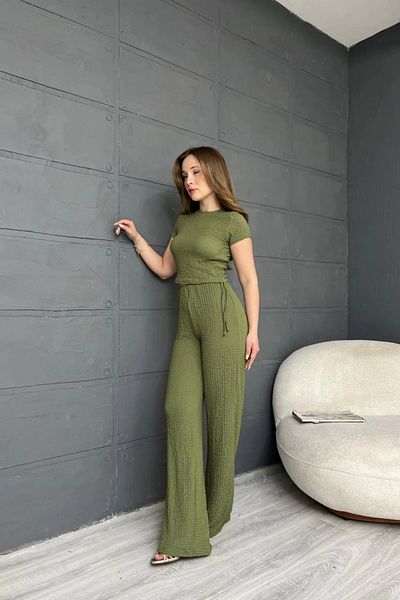 MOZENA Seersucker Side Gathered Short Sleeve Crew Neck Blouse Pants Set of 2