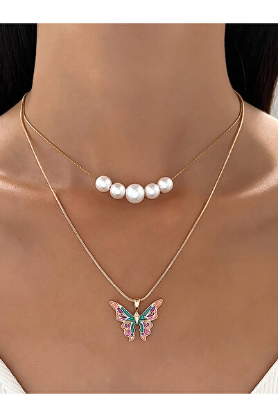 Take Two By Styli Butterfly and Faux Pearl Drop Layered Necklace
