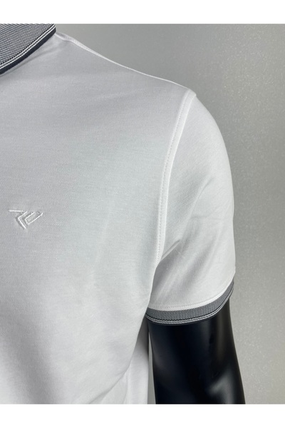 Sadık Collection Ανδρικό μπλουζάκι με κουμπιά γιακά πόλο μεγάλου μεγέθους χωρίς τσέπες μανίκια με ραβδώσεις Mercerized ύφασμα λευκό χρώμα 1000