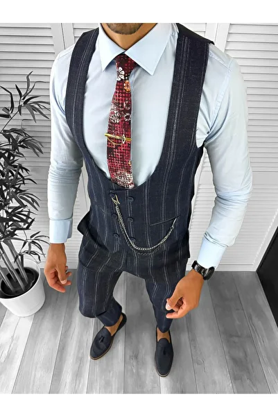 dehaine Men's suit, pants plus vest, navy blue, striped, B5517