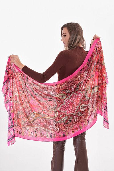 bacc Fuchsia Patchwork Patterned France Fabric Varaklı Shawl Bcnsv-2515176