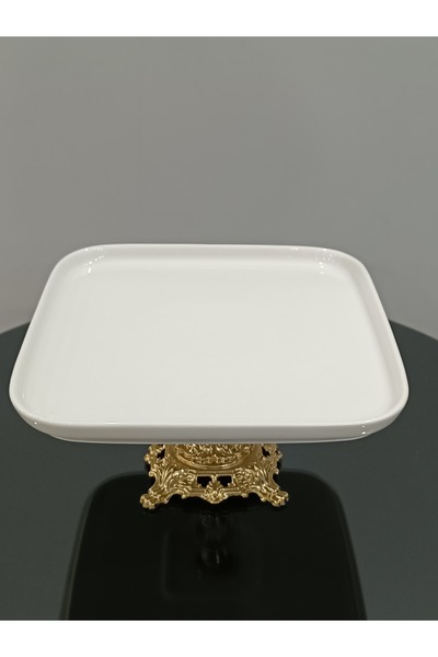 PARILTI HOME COLLECTİON Porcelain Presentation Plate with Gold Handle and Foot
