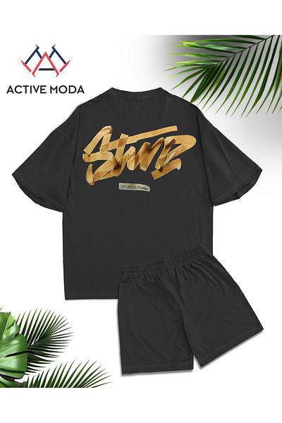 ACTIVE MODA طقم تي شيرت وشورت مطبوع بأكمام قصيرة للرجال DWTS7 مقاس كبير 2 قطعة مقاس كبير