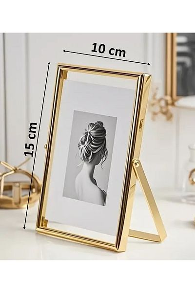 Verda Çerçeve 10X15 cm Gold Metal Frame! Stylish Decorative Photo Frame! Pedestal Double Glazed Frame