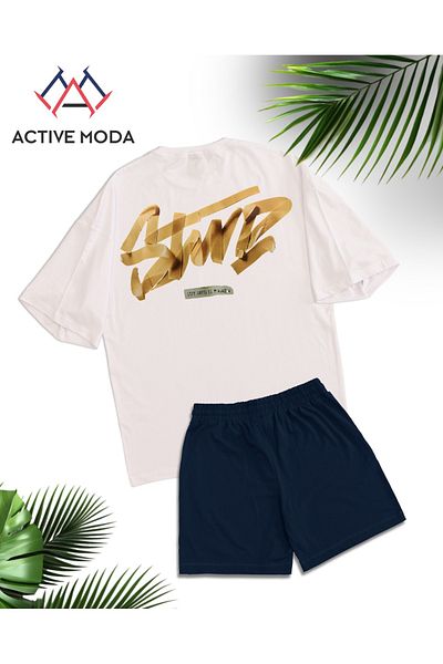 ACTIVE MODA - طقم تي شيرت وشورت رجالي بأكمام قصيرة DWTS7 مقاس كبير 2 قطعة مقاس كبير