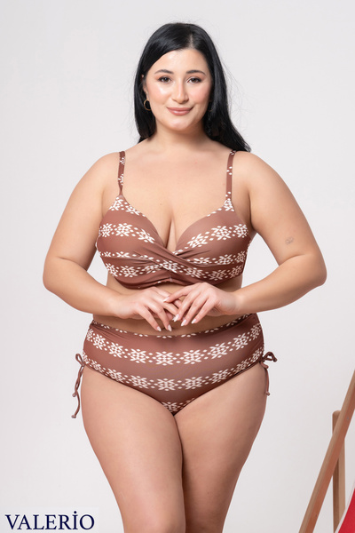 valerio Kahverengi desenli kruvaze büyük beden bikini takımı