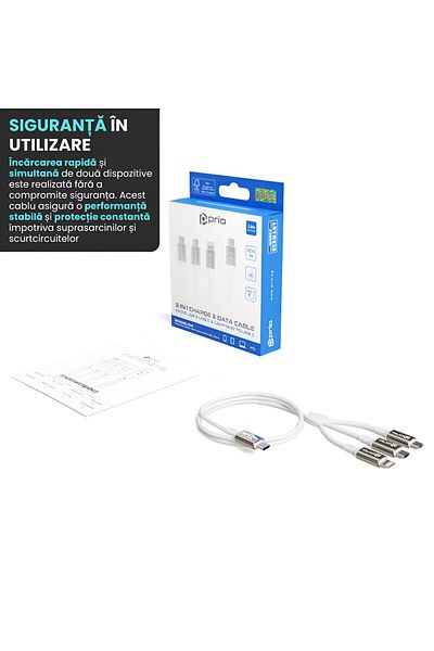 Prio 3in1 Micro Usb, Usb-c & Lightning Cable, 1.2m, Fast Charging, Universal Compatible, White