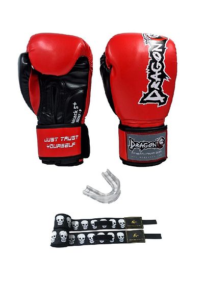 Dragondo Attack 5 Plus Boxing Gloves Professional Mouthguard and A3Store Skull Boxing Bandage Set