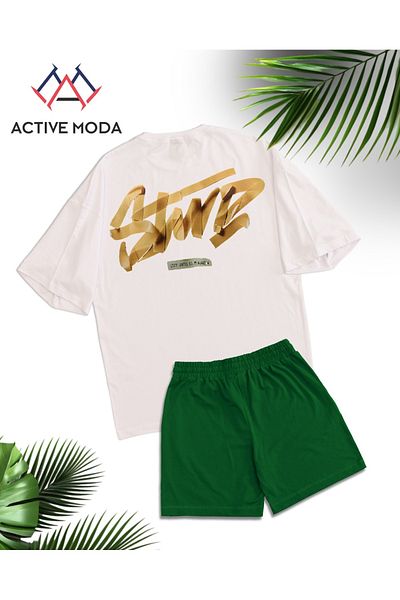 ACTIVE MODA طقم تي شيرت وشورت مطبوع بأكمام قصيرة للرجال DWTS7 مقاس كبير 2 قطعة مقاس كبير
