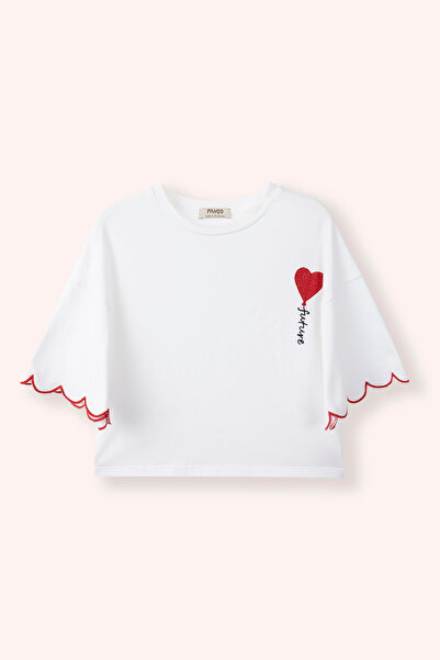 Panço Kız Çocuk Önü Ve Kol Ucu Nakışlı Beyaz Tişört